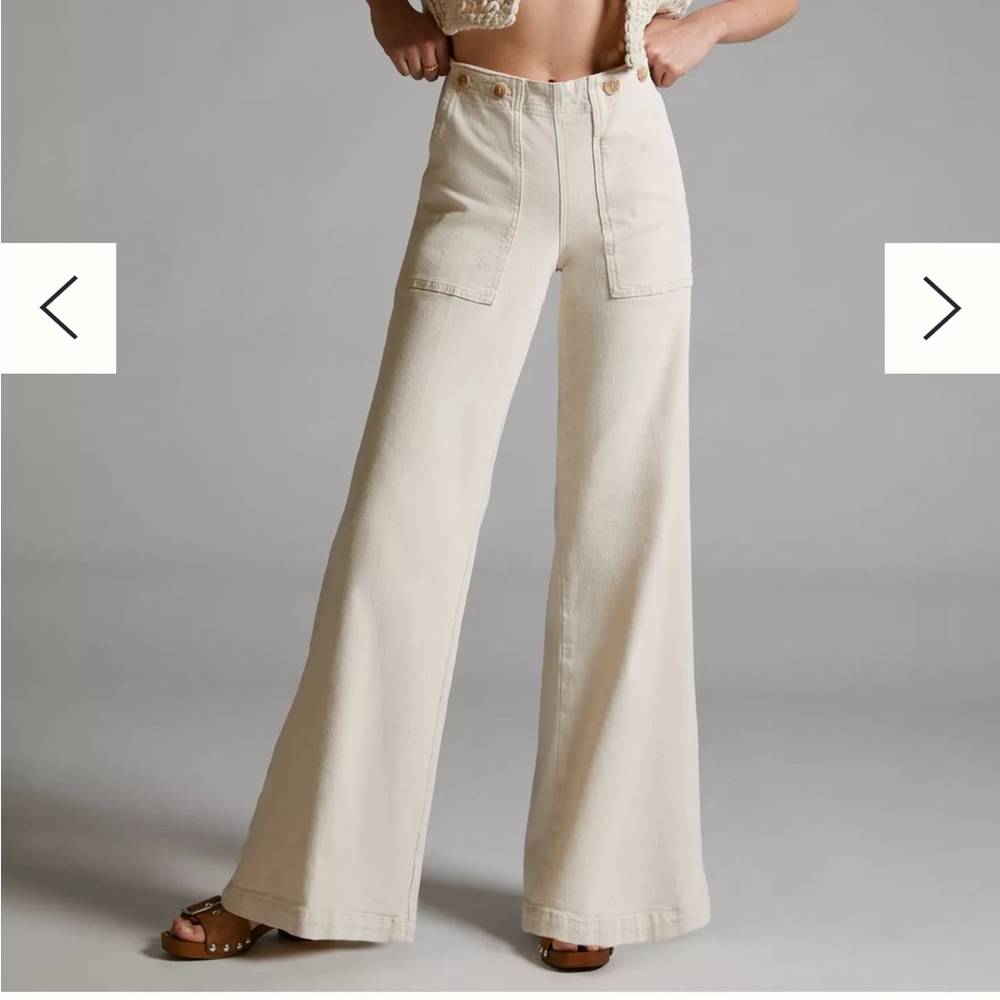 Pilcro The Kit High-Rise Wide-Leg Utility Trousers Cream Buckle Back Pants
